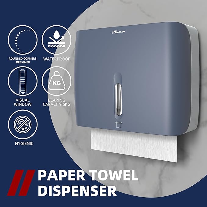Paper Towel Dispenser Wall Mount,Capacity 200+ Sheets ZFold Tri Fold Blue Adhesive No Drilling or Screws Installation for Home Toilet