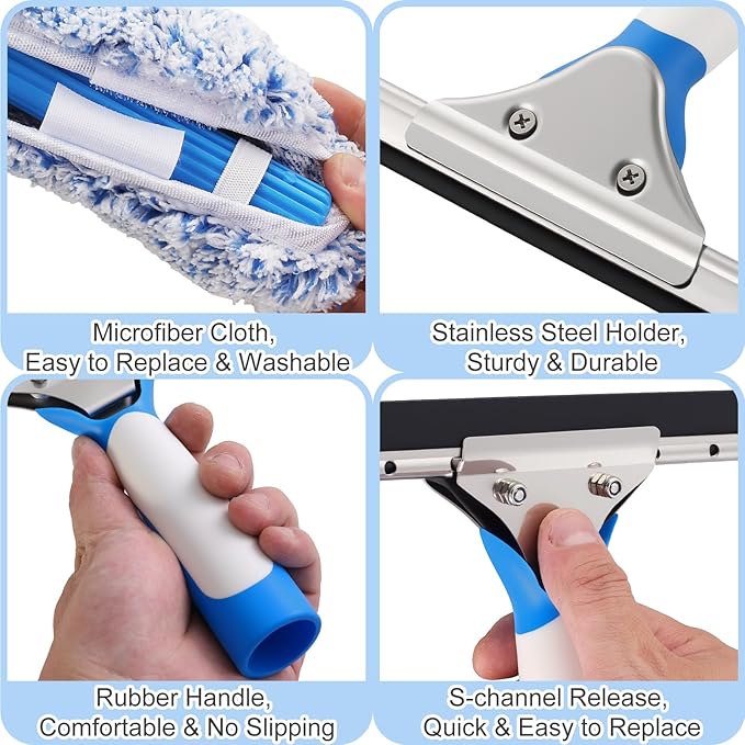 Professional Window Cleaning Kit 10IN, All-in-one Windows Cleaner Tool with Silicone Rubber Squeegee, Microfiber Scrubber & Cloth, Household Cleaning Supplies, Streak-Free Results