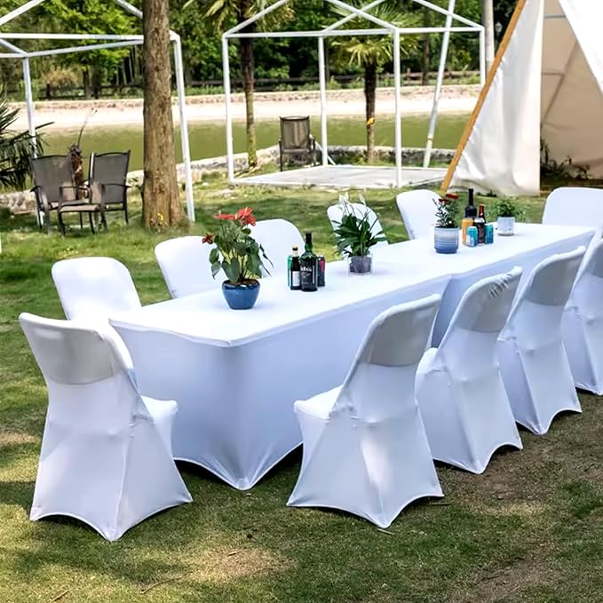 Trlyc 2 Pack 6FT Spandex Table Cloth - 72 x 30 Inch Rectangular Stretch Tablecloth, Wrinkle Resistant Scretch Table Cover for Wedding, Party, Banquet, Picnic, Outdoor Decoration (2Pcs,White)