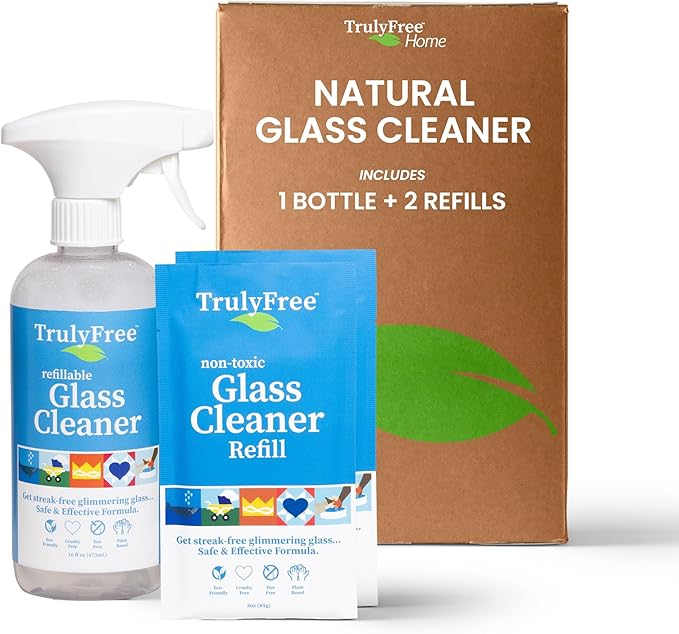 Truly Free Natural Glass Cleaner - Removes Dirt & Debris for Sparkling Clean Windows & Glass Surfaces at Home, Office & Garage, Includes: 1 Refillable Empty Bottle (16oz) & 2 Refills (3oz ea)