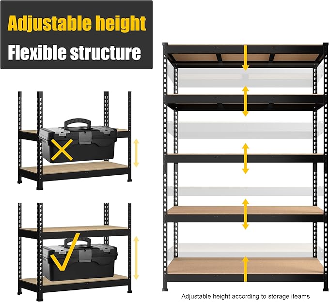 PrimeZone 2 Pack Heavy Duty Adjustable 5 Tier Garage Storage Shelves - 47" W x 18" D x 71" H, Metal Utility Rack Shelf Unit for Warehouse, Pantry, Closet, Kitchen, Black