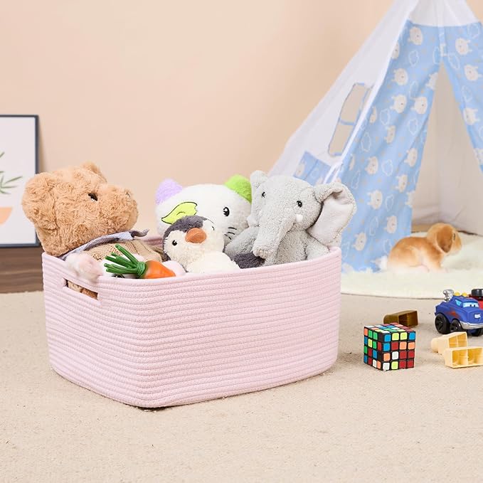 Large Storage Baskets for Shelves, Closet Organizers Bins for Clothes Blanket Towels, Baby Nursery, Toy Baskets Box, Woven Rope Baskets, 17 x 13 x 7.5”, 3 Packs Light Pink