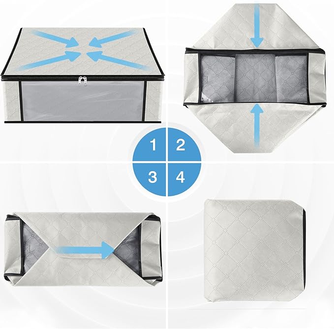 HomeHacks Storage 6-Pack Clothes Organizer Storage Bags Foldable Storage Box with Large Clear Window Sturdy Handles for Closet, Dorm, Pillows, Bedding, Clothes, Blankets, 35L, Ivory