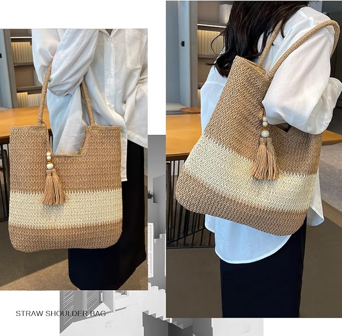 Straw Beach Bags for Women Woven Beach Tote Bag Casual Boho Large Shoulder Handbags Purse for Vacation Holiday