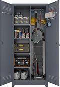 Metal Tool Storage Cabinet, Broom Closet with Hooks, 72.8" Tall Garage Cabinet with Shelves, Heavy-Duty Cleaning Storage for Utility Room, Gym, Office, Garage