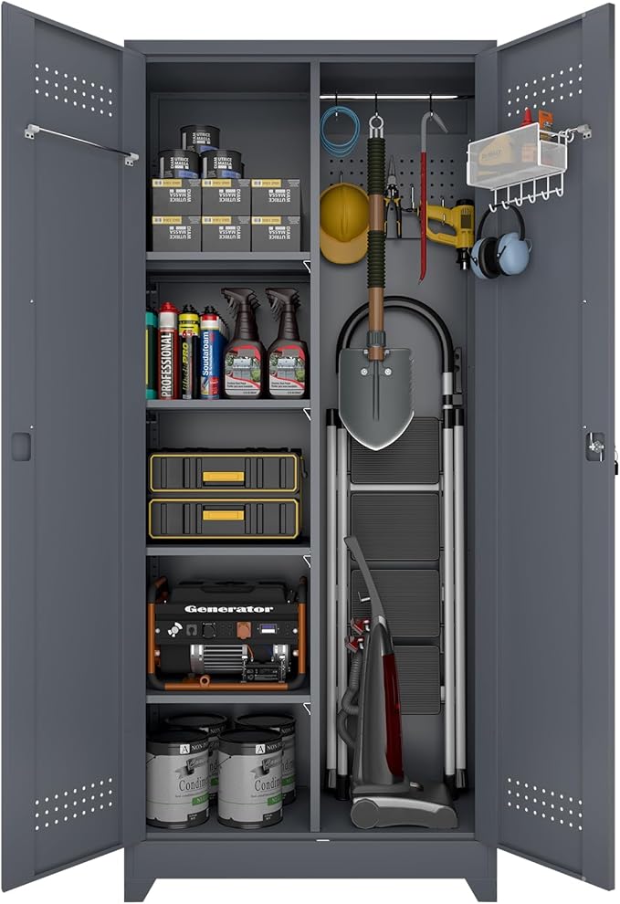 Metal Tool Storage Cabinet, Broom Closet with Hooks, 72.8" Tall Garage Cabinet with Shelves, Heavy-Duty Cleaning Storage for Utility Room, Gym, Office, Garage