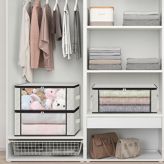 HomeHacks Storage 6-Pack Clothes Organizer Storage Bags Foldable Storage Box with Large Clear Window Sturdy Handles for Closet, Dorm, Pillows, Bedding, Clothes, Blankets, 35L, Ivory
