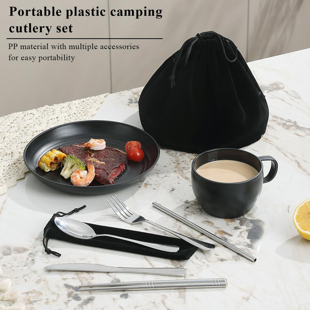 Camping Essentials Set, HOMQUEN Camping Plates and Bowls Set, Coffee Mug, Travel Cutlery Set Include Spoon, Fork, Knife for Work, Outdoor,Picnic, Camp （Black）
