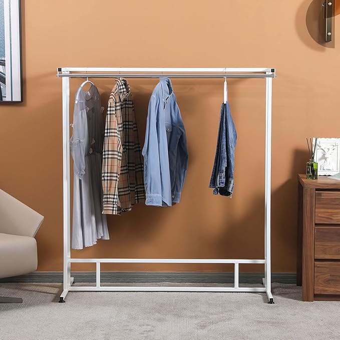 MyGift White Stainless Steel Freestanding Garment Rack, Heavy Duty Double Rod Clothes Rack Clothing Hanger Stand with Storage Display Shelf