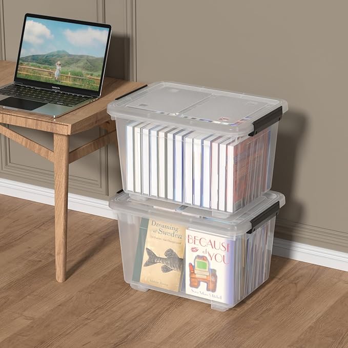 50 Quart Large Plastic Latching Box with Lid, Clear Storage Bin with Wheels, Stackable, 4 Packs