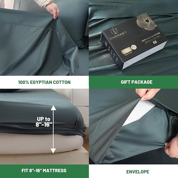 100% Egyptian Cotton Sheets King Size 1000 Thread Count Sateen Weave Soft Breathable 16-Inch Deep Pocket 4PCS（King,Lake Blue）