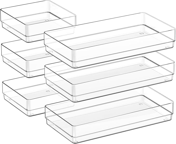 SMARTAKE 6 PCS Clear Plastic Drawer Organizers Set, Large Size Non-Slip Desk Drawer Organizer, 2-Size Versatile Bathroom and Vanity Drawer Organizer Trays for Makeup, Bedroom, Office, Kitchen Utensils