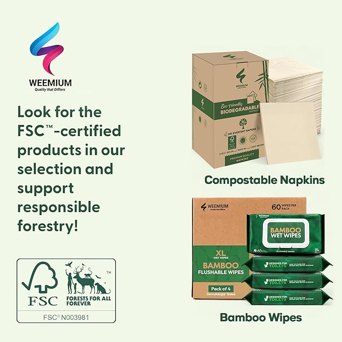 Weemium Bamboo Wipes – Pack of 4 (240 XL Flushable Wipes) – Organic, Tree-Free, FSC Certified & Septic Safe – 99% Water, Unscented & Sensitive Skin Safe – Biodegradable, Compostable & Eco Friendly