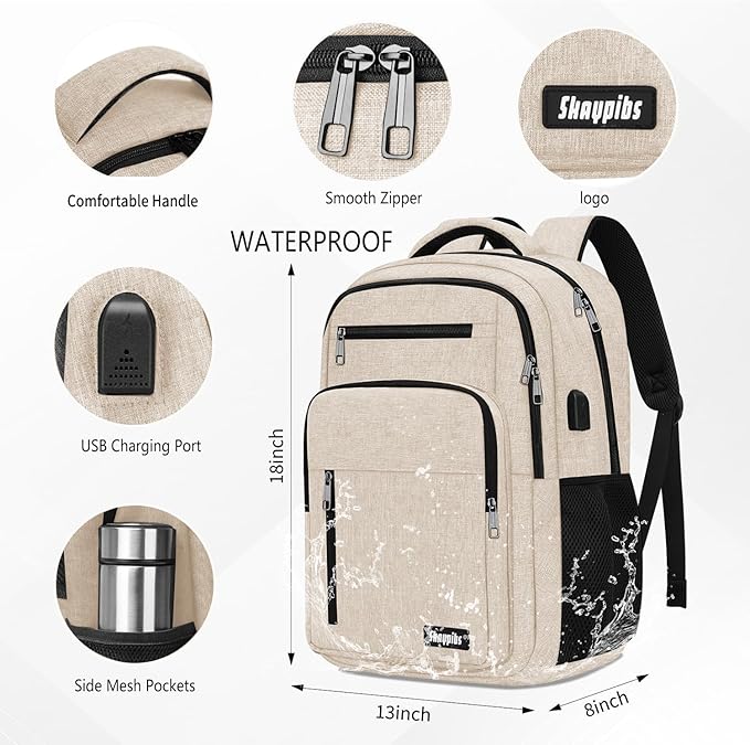 Beige Backpack for Men Women, School Backpack for Boys Girls Teens, 15.6 Inch Laptop Backpacks with USB Port, Water Resistent Book bag, Work College Bookbag, back pack, Mochila para hombre