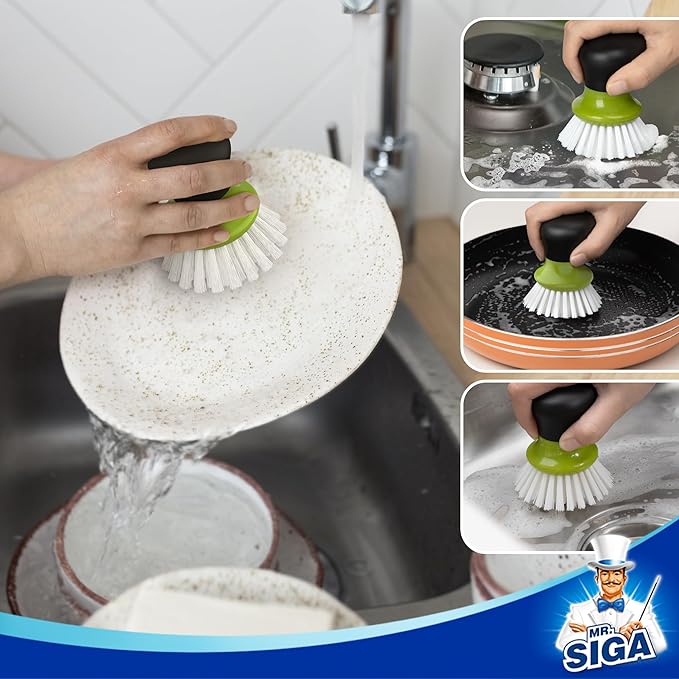 MR.SIGA Dish Scrub Brush, Palm Brush Dish Scrubber with Ergonomic Grip, Kitchen Brushes for Dishes, Green, Pack of 2