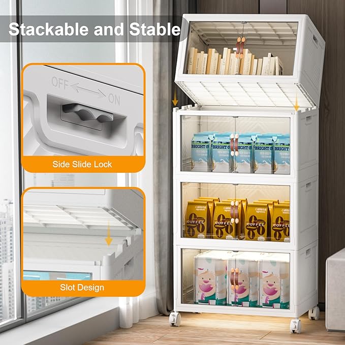 Extra Large Stackable Storage Bins with Lids & Wheels & Door, 896QT-112QT/28GAL*8Pack Foldable Collapsible Closet Organizers, Plastic containers drawers for bedroom Dorm