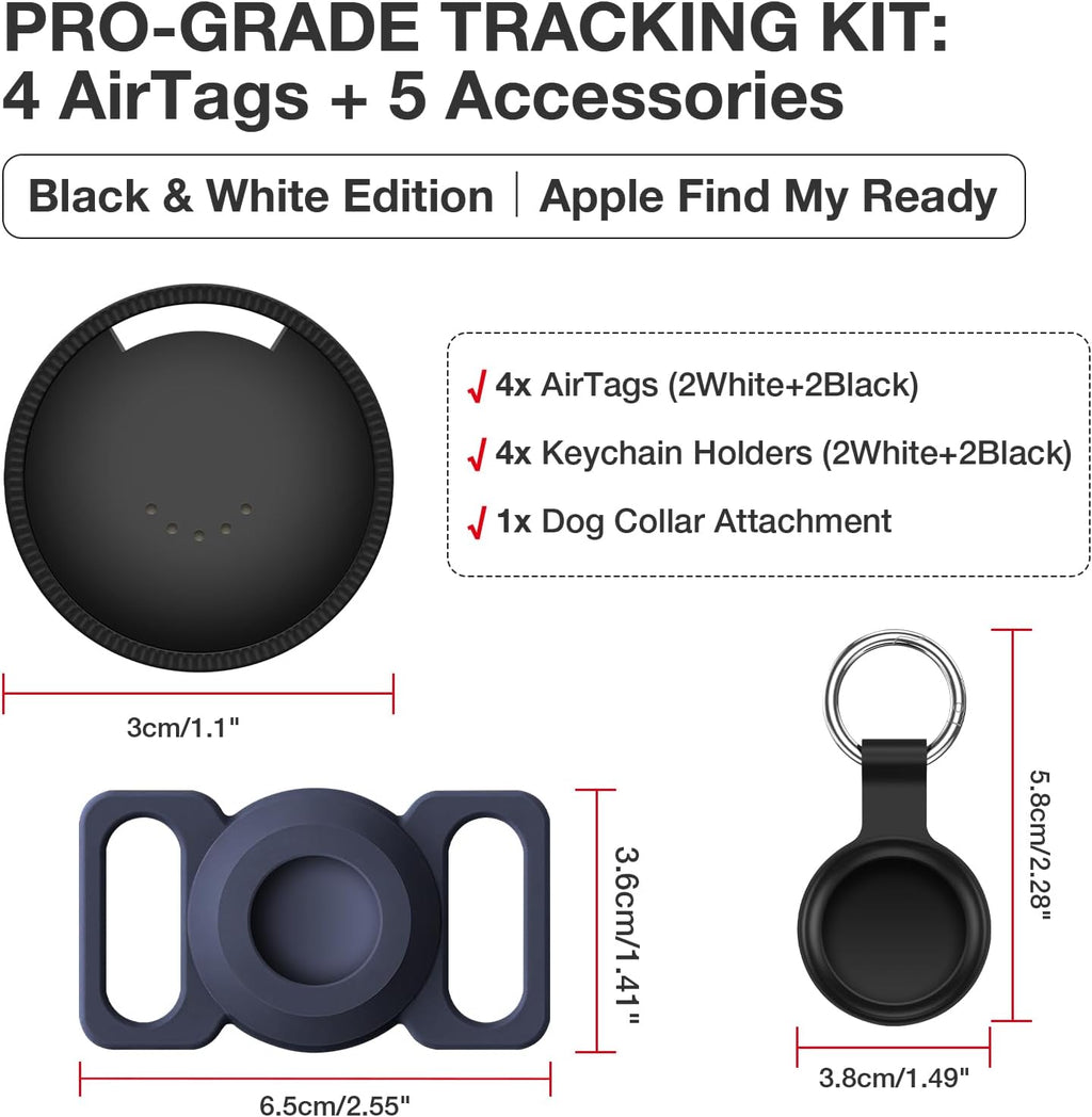 Air Tracker Tags 4-Pack, Item Finders Work for Apple Find My APP (iOS Only) Tracker Tags for Keys, Pet, Luggage, Bag, Replaceable Battery Last 1 Year, Loud Beep, with Waterproof Holder Keychain