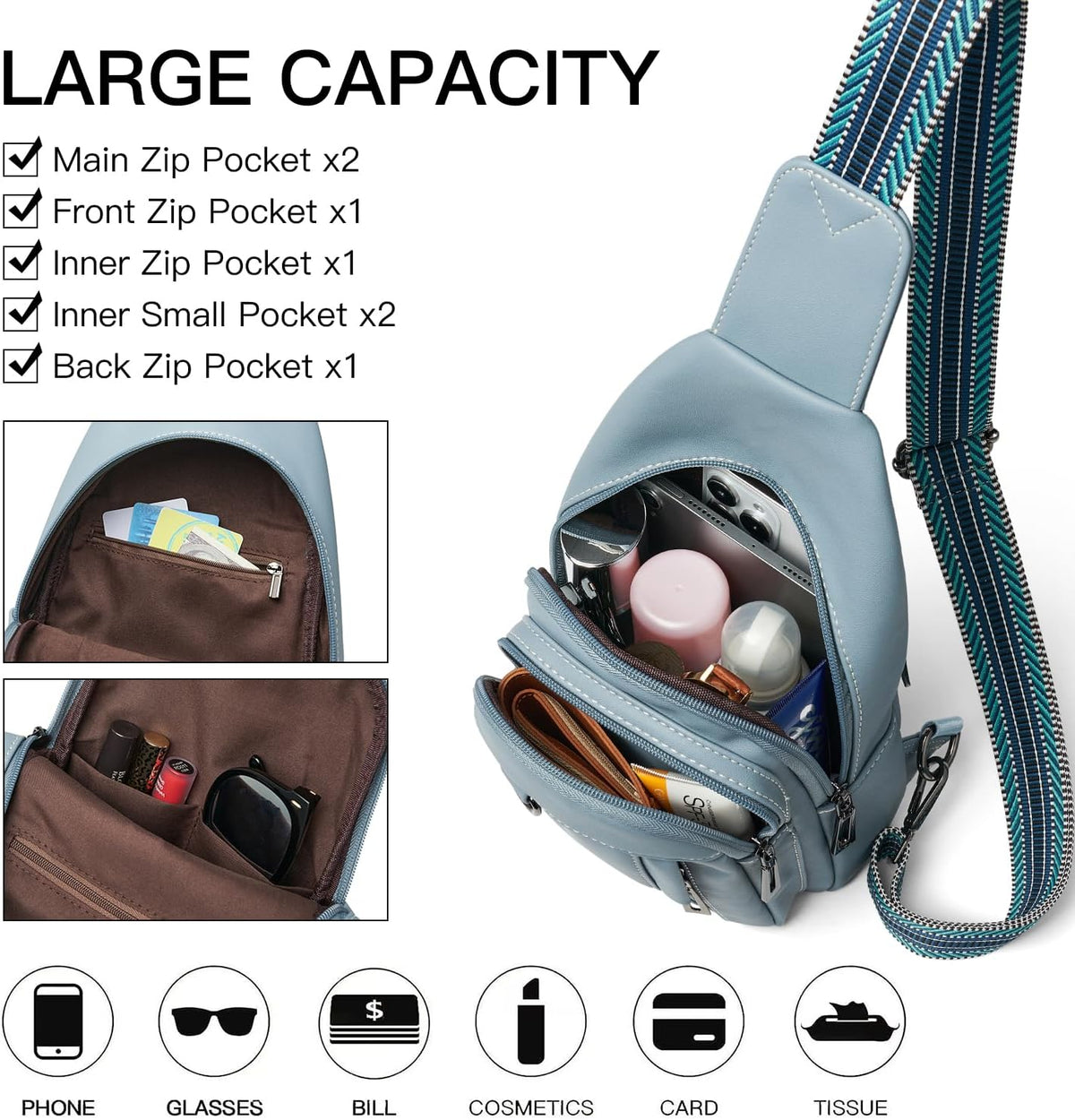 7L Sling Bag for Women Men Leather Small Sling Backpack Daypack Anti Theft Fanny Pack Crossbody Purse Travel