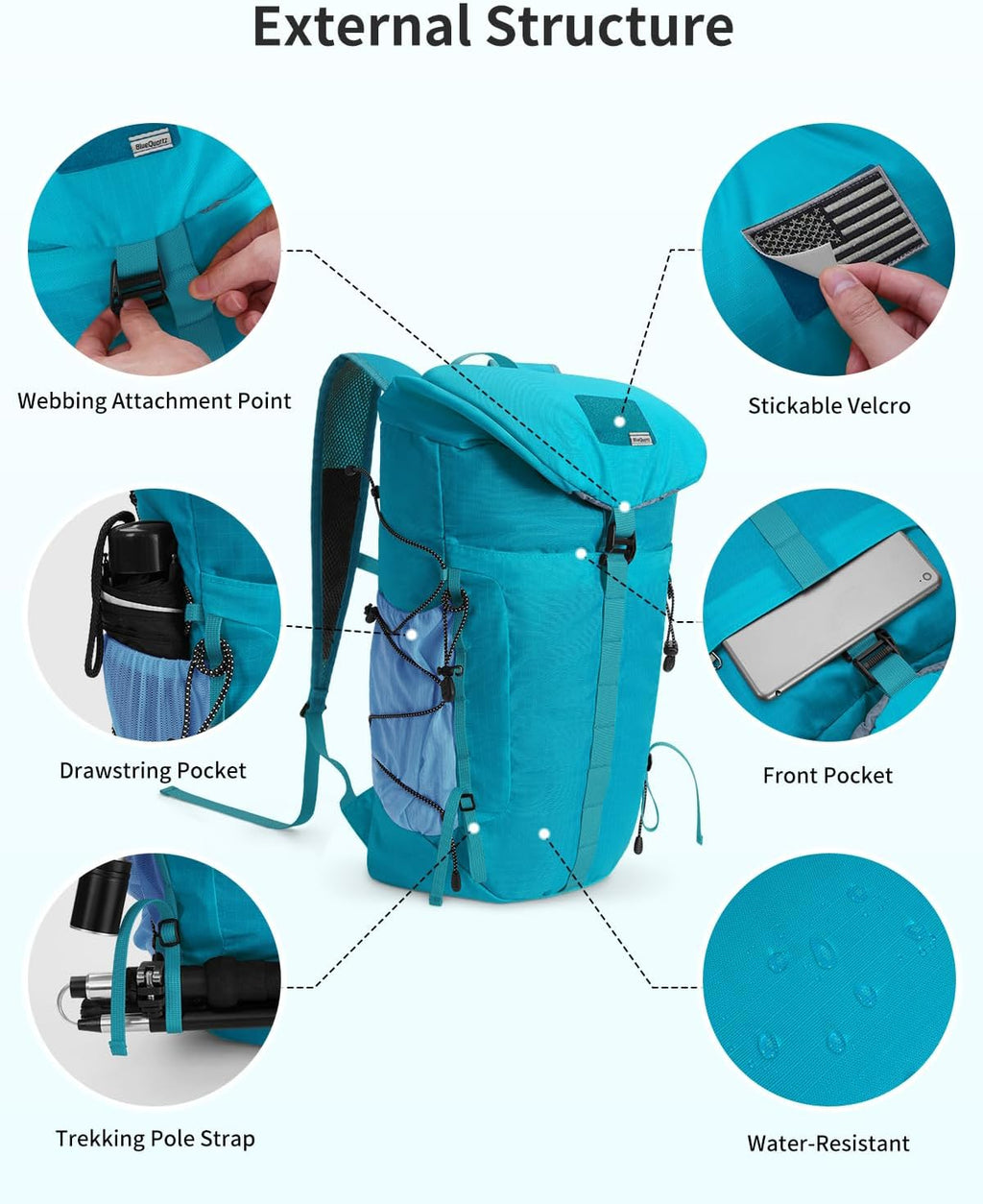 Blue Quartz Hiking Backpack 30L Lightweight Packable Backpack for Travel, Water Resistant Foldable Daypack for WoMen Men, Blue Green