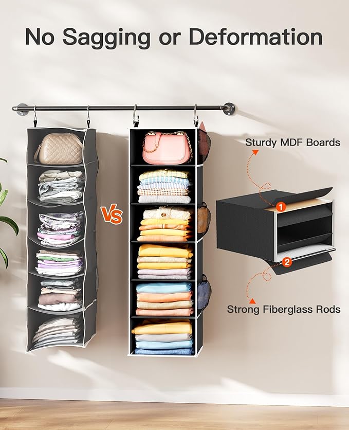 Pipishell Hanging Closet Organizer 6-Shelf, Hanging Shelves for Closet with 3 Removable Drawers & Side Pockets, Hanging Shelf Organizer for Bedroom or Garment Rack, 12'' x 12'' x 43.3'', Black