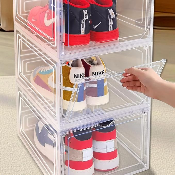 8 Pack Shoes Box Display Case Thicken Shoe Organizer Stackable Boxes for Closet Space-Saving Shoe Rack, Size 13, Black