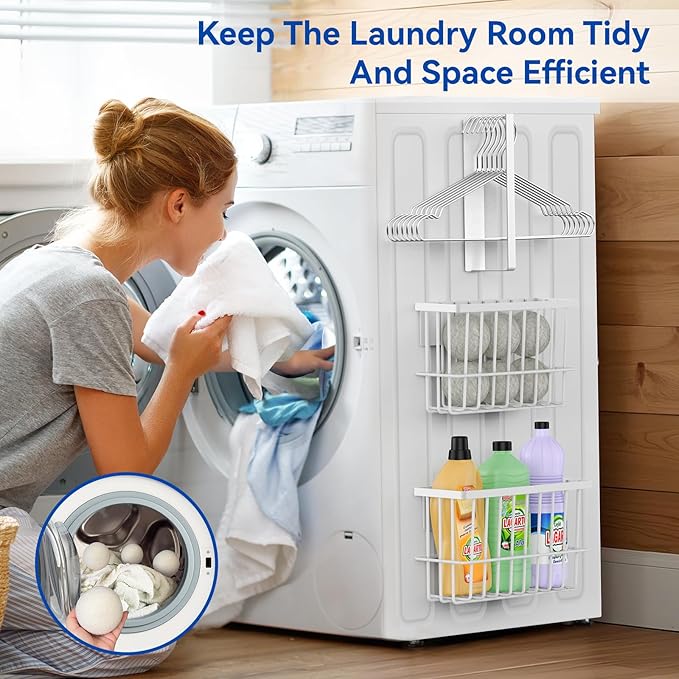 Magnetic Dryer Ball Holder and Magnetic Hanger Holder for Laundry Room Organization and Storage, Magnetic Lint Bin for Laundry Room, Iron Basket Dryer Ball Container for Laundry Room Storage (White)