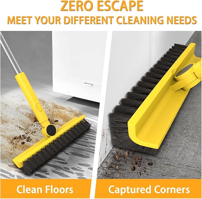 Multi-Purpose V-Shaped Grout Brush with 16.9" Floor Squeegee Set, Long Handle Floor Scrub Brush for Cleaning Bathroom Tile Corner Baseboards, Squeegee for Cleaning Garage Floor Window Glass