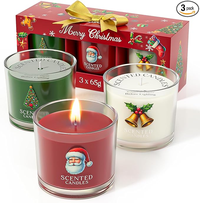 Christmas Candles, Scented Candles Gift Set for Stress Relief, 3 Votive Candles for Women and Men, Christmas Candle Gifts for Women (Red + Green + White, 7 oz)