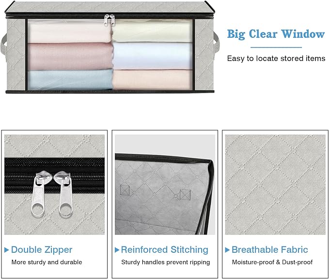 HomeHacks Storage 10-Pack Clothes Organizer Storage Bags Foldable Storage Box with Large Clear Window Sturdy Handles for Closet, Dorm, Pillows, Bedding, Clothes, Blankets, 35L, Ivory
