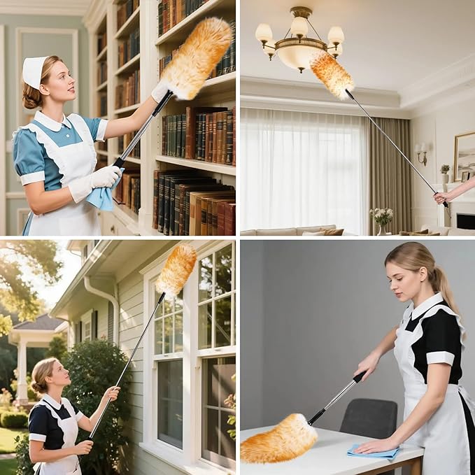 Lambswool Extendable Duster,67.7Inch Telescoping Feather Dusters with Stainless Steel Extension Pole for Cleaning High Ceiling Fan, High Ceilings,Furniture