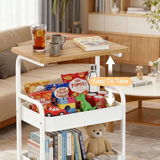 Rolling Cart with Wooden Tabletop 3-Tier Metal Utility Rolling Cart Storage Organizer with Lockable Wheels for Kitchen, Office, Bedroom