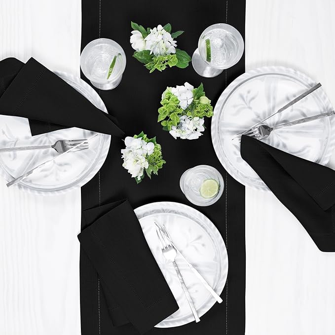 Solino Home Linen Black Table Runner 156 Inches Long - 100% Pure Linen Extra Long Table Runner 14 x 156 Inch for Christmas, New Year - Classic Hemstitch