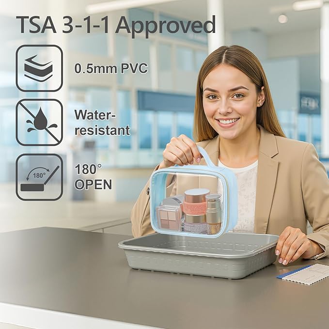 PACKISM Clear Makeup Bag - 3 Pack TSA Approved Toiletry Bag with Handle and 180° Large Opening, Sturdy Clear Toiletry Bag Fit Carry-on Travel Essential, Travel Bags for Toiletries, Ice Blue