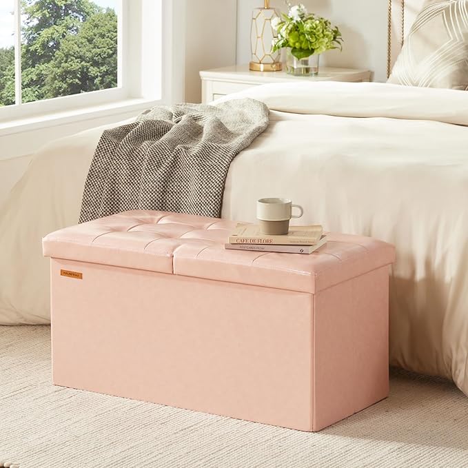HAUSFRAU - 30 Inches Storage Ottoman Bench with Flipping Lid, Foldable Storage Chest Foot Rest for Living Room, Bedroom, Entryway, Load 660 lb, Synthetic Leather, Pale Pink