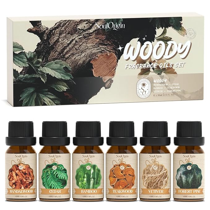 Woody Essential Oils Set, Fragrance Oil Set for Diffuser, Scent Diffuser Oil for Candle Making- Sandalwood, Cedar, Bamboo, Teak, Vetiver, Forest Pine