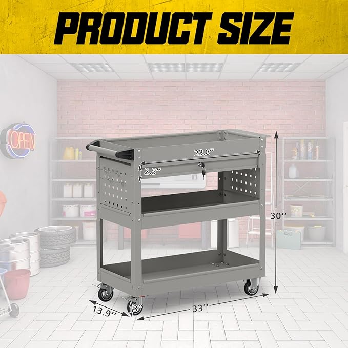 3 Tier Rolling Tool Cart with Drawers, 450 LBS Capacity Tool Cart on Wheels, Heavy Duty Rolling Utility Cart with Drawers, Rolling Utility Carts for Garage, Warehouse and Repair Shop,Gray