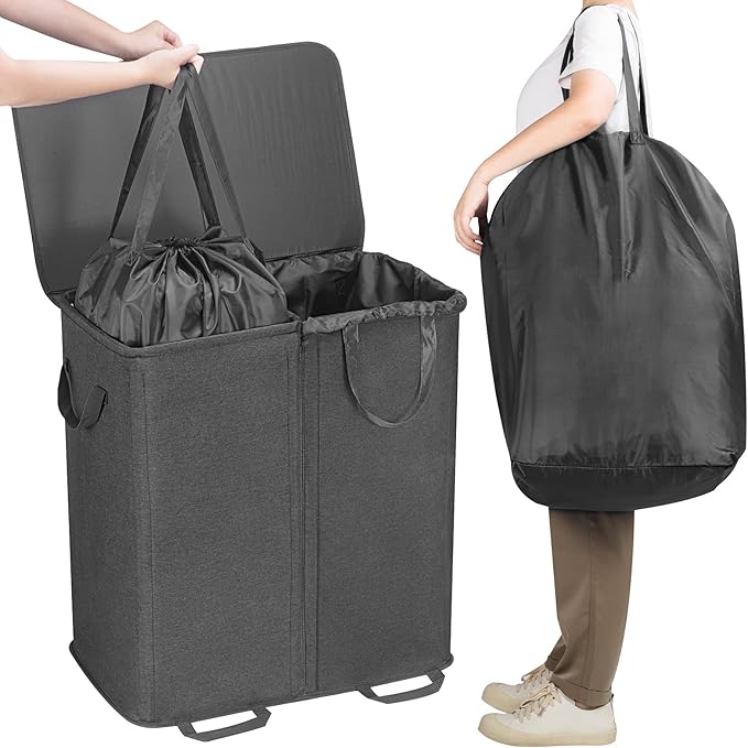 Lifewit Double Laundry Hamper with Lid and Removable Laundry Bags, Large Collapsible 2 Dividers Dirty Clothes Basket with Handles for Bedroom, Laundry Room, Closet, Bathroom, College, 136L Black