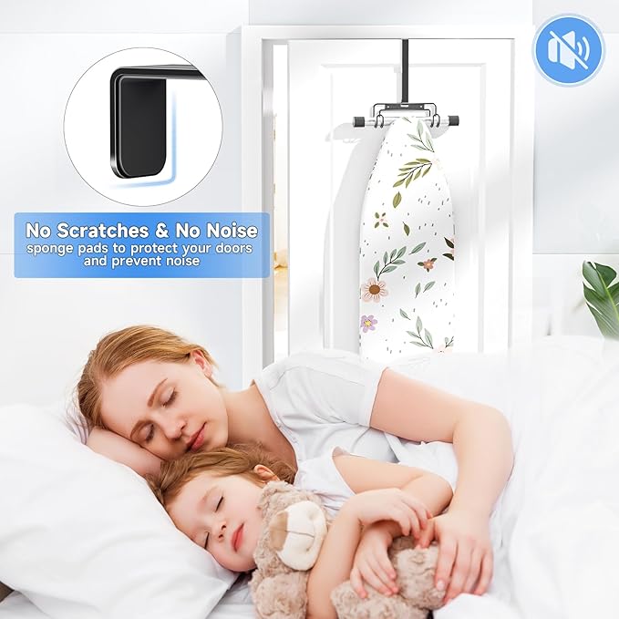 Over The Door & Wall Mount Ironing Board Hanger with Removable Hook, Metal Ironing Board Holder Organizer Wall Rack for Y & T Shaped (Black)