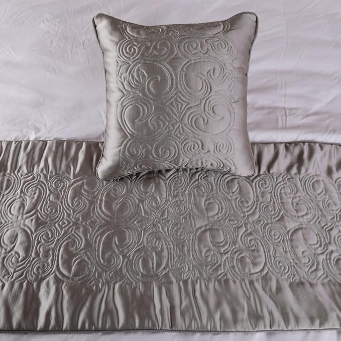 The HomeCentric Decorative Silver Queen 74 x 18 inch Bed Runner Without Pillow Cover, Satin Quilted Bed Scarf, Abstract Modern - Silver Soft