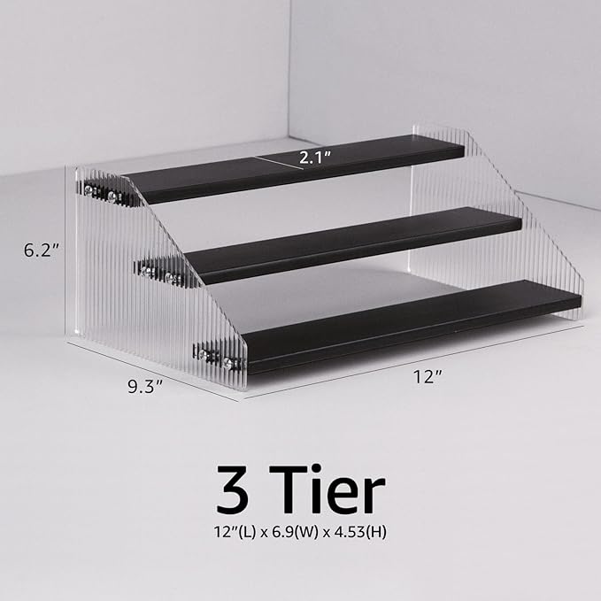 nianfeng Tiered Spice Rack, 3-Tier Spice Pantry Kitchen Cabinet Organizer, 12-Inch, Natural Wood Acrylic Stair Riser Stand, Countertop Seasoning Shelf (Black)