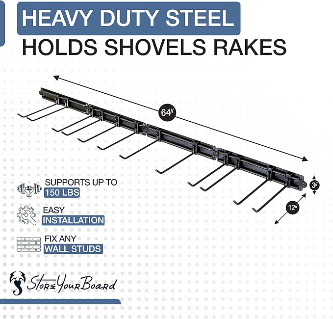 StoreYourBoard Garage Tool Organizer Wall Mount – Heavy Duty Garage Wall Organizer for Garage Organization and Storage, Broom Holder Wall Mount for Gardening Tools & Yard Tools – 64" Holds 600 lbs