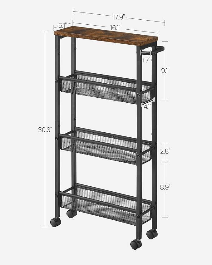 VASAGLE Slim Rolling Cart, 4-Tier Narrow Storage Cart with Handle, 5.1 Inches Deep, Metal Frame, for Kitchen, Dining Room, Living Room, Home Office, Rustic Brown and Classic Black ULRC032B01V1