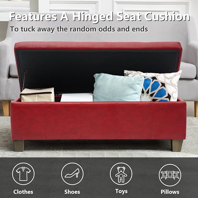 Faux Leather Ottoman with Storage, Rectangular Extra Long Storage Bench for Bedroom and Living Room, Midnight Red
