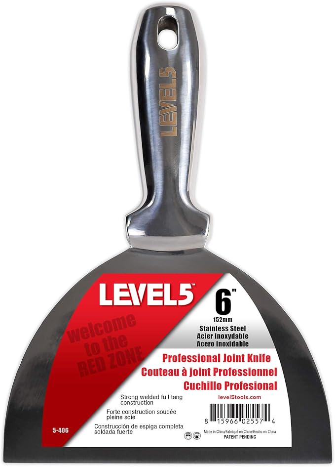 6" All Stainless Steel Joint Knife - LEVEL5 | Professional Grade Putty Blade, Premium Polished All-Metal, Precision Ground Edge, Ergonomic, Corrosion Resistant | 5-406