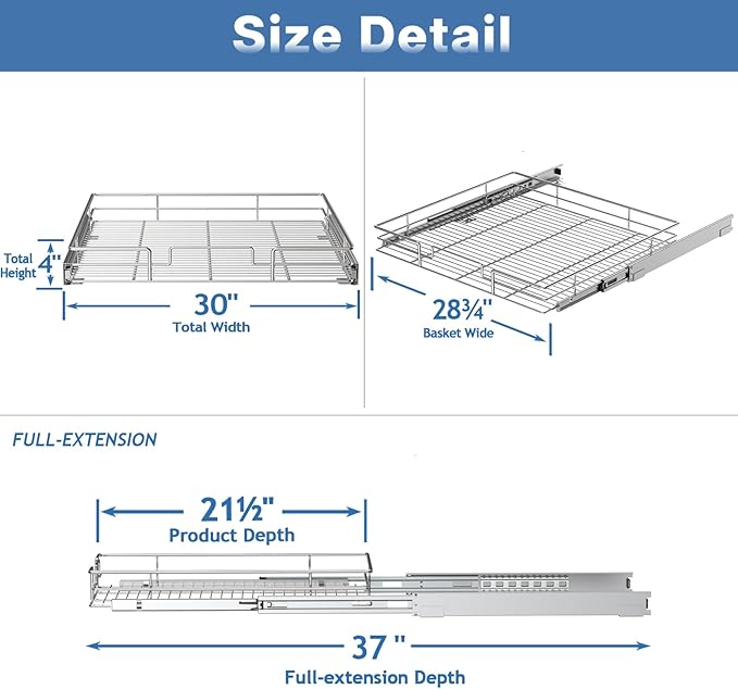 Pull Out Cabinet Organizer 30" W x 21½" D, Heavy Duty Cabinet Pull Out Shelves, Slide Out Drawers Organization for Kitchen Cabinets Bathroom