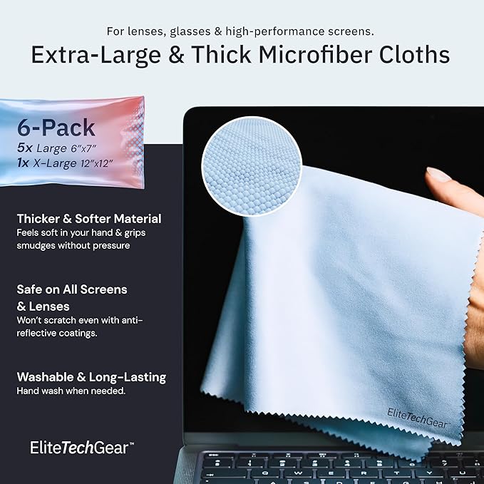 Elite Screens Microfiber Cleaning Cloths 6-Pack - 6×7 in & 12×12 in, Light Blue - Screen & Lens Cleaning Cloths for Eyeglasses & Electronics