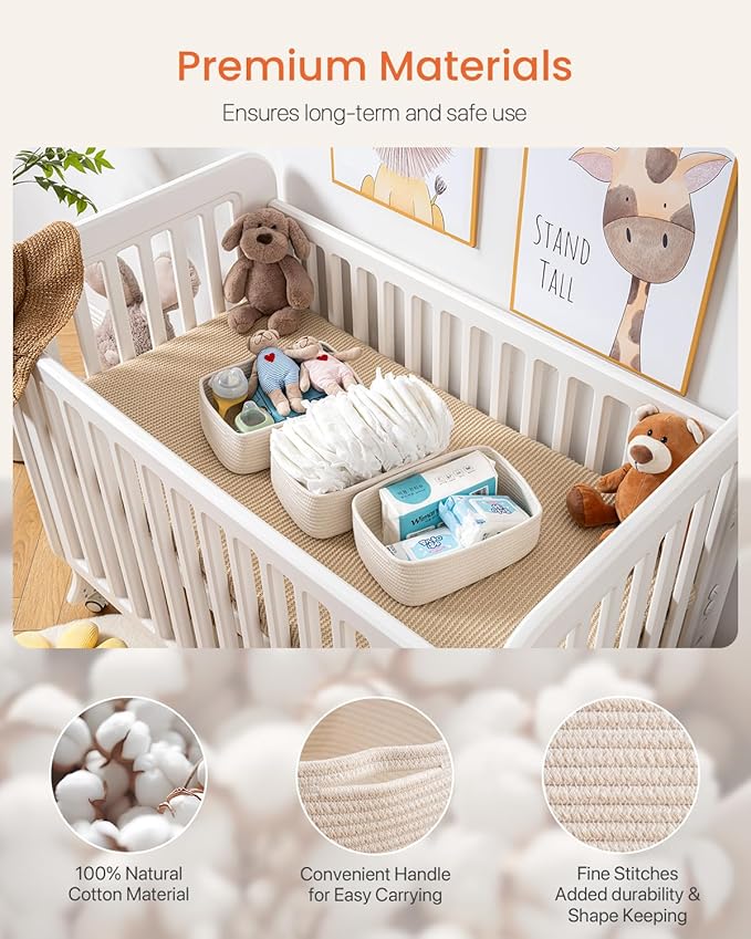 Small Woven Basket, 12 x 8 x 4.5 Inches, Storage Basket for Organizing, Cute Small Rope Shelf Closet Cube Storage Bins Baskets for Shelves, Dog Toy Gift Baskets Empty, 3 Packs, Off White