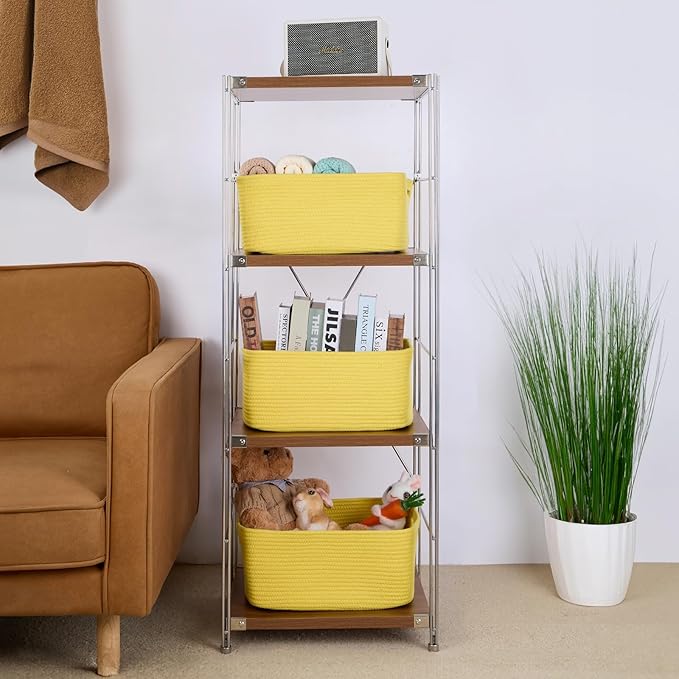 Large Storage Baskets for Shelves, Closet Organizers Bins for Clothes Blanket Towels, Baby Nursery, Toy Baskets Box, Woven Rope Baskets, 17 x 13 x 7.5”, 3 Packs Yellow