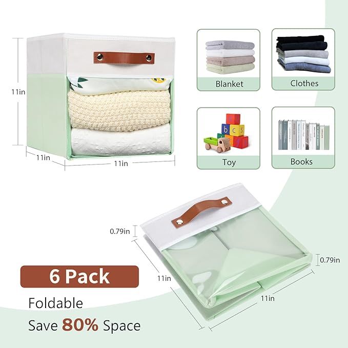 HNZIGE Clear Storage Cubes Bins 11 x 11, Fabric Storage Cube Bins for Storage Organizer,Shelf Storage Bin for Organizing, Cubby Foldable Cube Organizer Bin for Storage Blanket Home(White Green 6PCS)