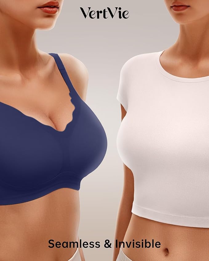 Vertvie Womens Seamless Bras No Underwire Supportive Wireless Push Up Full Coverage Bralette Comfort Scalloped T-Shirt Bra